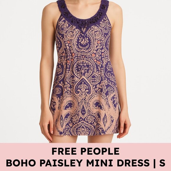 Free People Purple and Tan Paisley Mini Dress - Picture 1 of 11